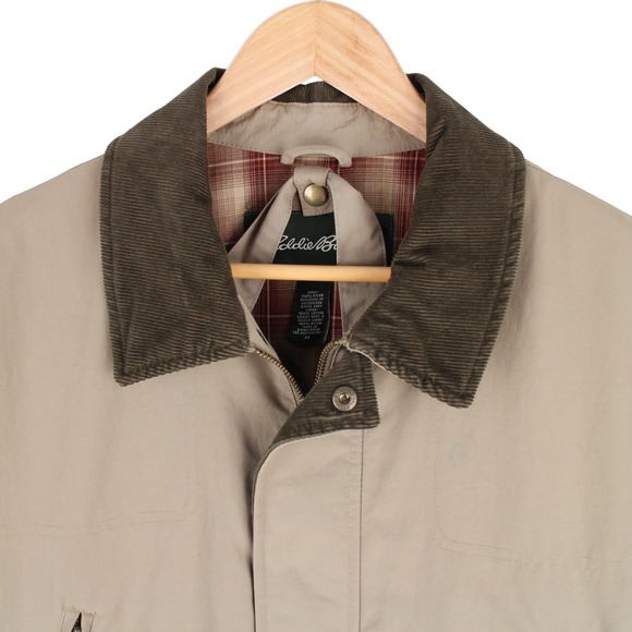 Eddie Bauer Chore Barn Coat Corduroy Collar Tan Nylon Plaid Lined Mens Medium - Picture 3 of 6